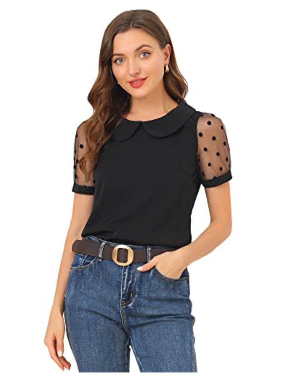 Allegra K Women's Peter Pan Collar Blouse Polka Dot Mesh Sleeve Retro Top